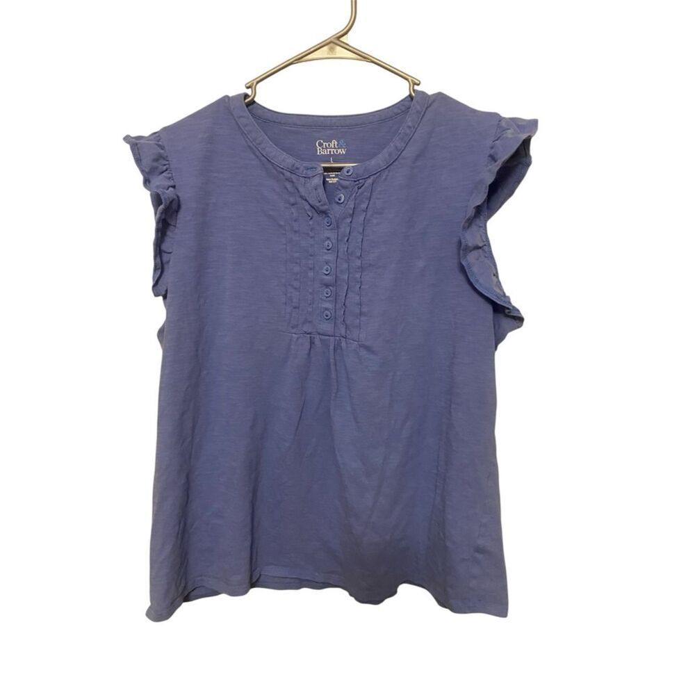 Croft & Barrow Blue Ruffle Sleeve Henley Top | Size Large